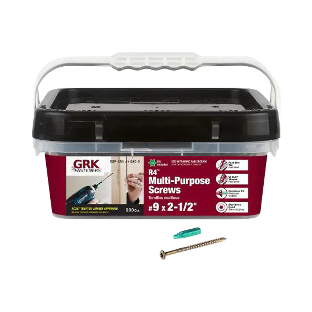 A rectangular plastic container of Go Build #9 x 3-1/8 in. Star Drive Bugle Head R4 Multi-Purpose Wood Screw (240/Pack), with a clear lid and white handle. One screw and a green wall anchor are placed in front of the container.